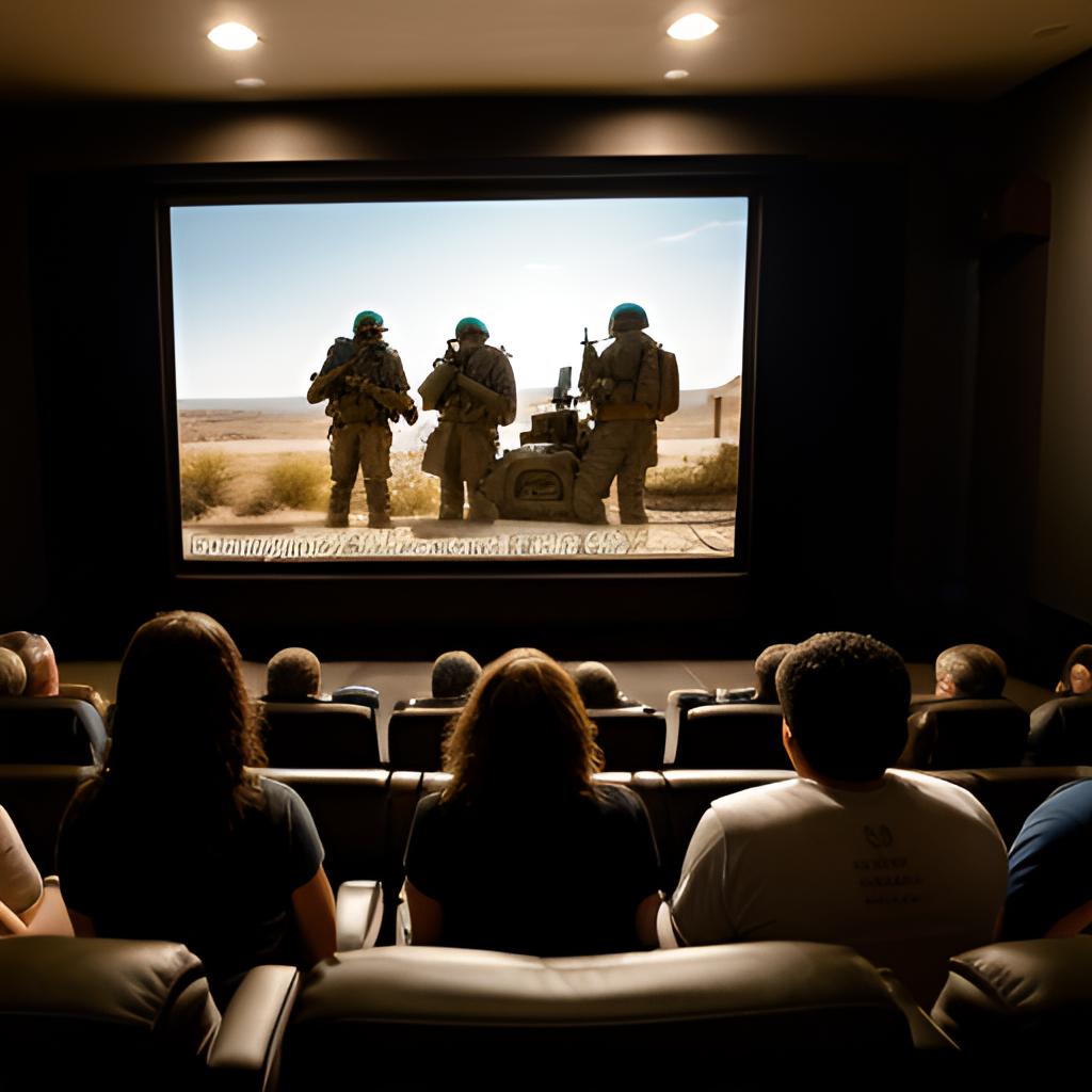 A captivated audience in a Mesa cinema, engrossed in a war scene on screen, surrounded by the thrill of shared excitement over favorite films, as friends debate identities amidst dimmed lights and battle sounds.