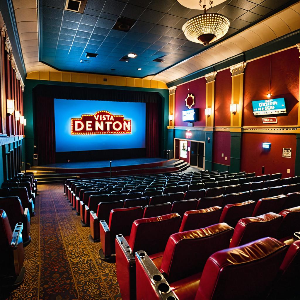 In Denton, Texas (2023), a freeze-frame photograph encapsulates moments at the Vista Theater's vintage setup, Movie Tavern's dining and movie experience, and Cineplex Cinemas' modern projector display amidst the city's cultural backdrop and renowned eateries.