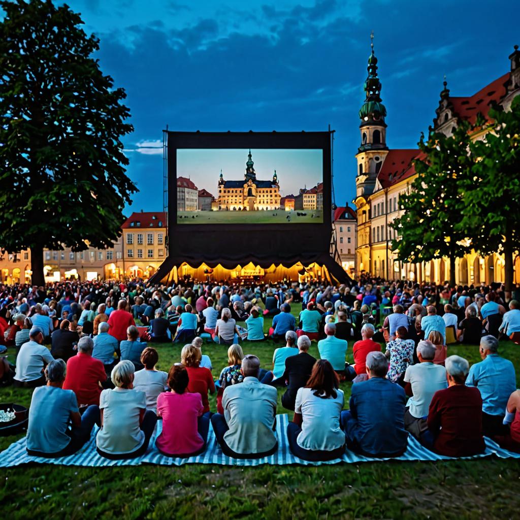 A captivating outdoor cinema scene in Dresden, Germany during twilight hours, displays an engrossed audience cheering at 