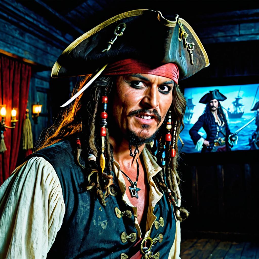 We witness a pause in the cinematic action in Augusta, as several screens display an assortment of pirate movies including Pirates of the Caribbean titles and classics like The Spanish Main, The Scarlet Pimpernel, and The Sea Hawk.
