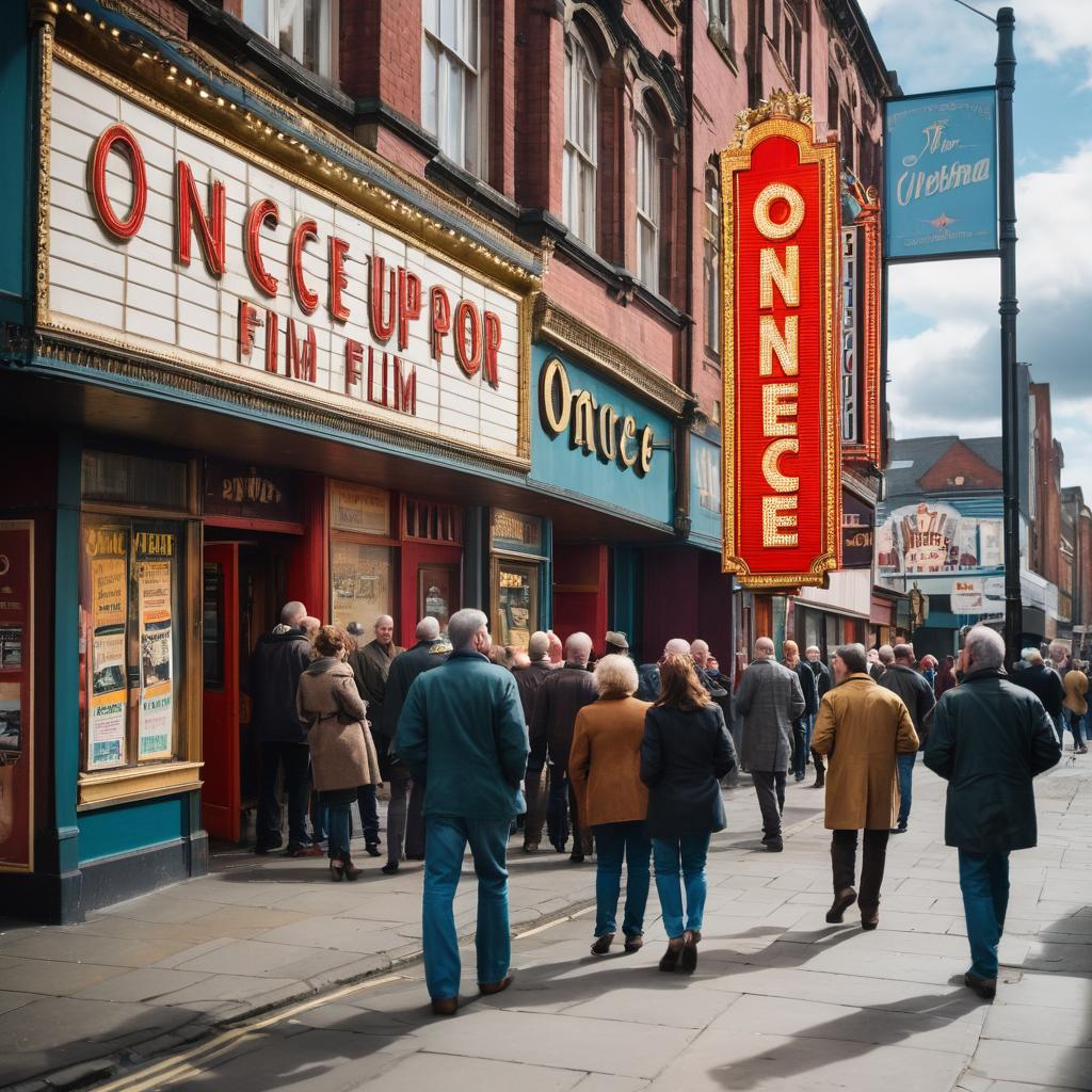 In this lively Manchester street scene, individuals engage in passionate film discussions beside a vintage theater, as nearby film crews prepare for shoots, creating a bustling hub of cinematic culture and collaboration.