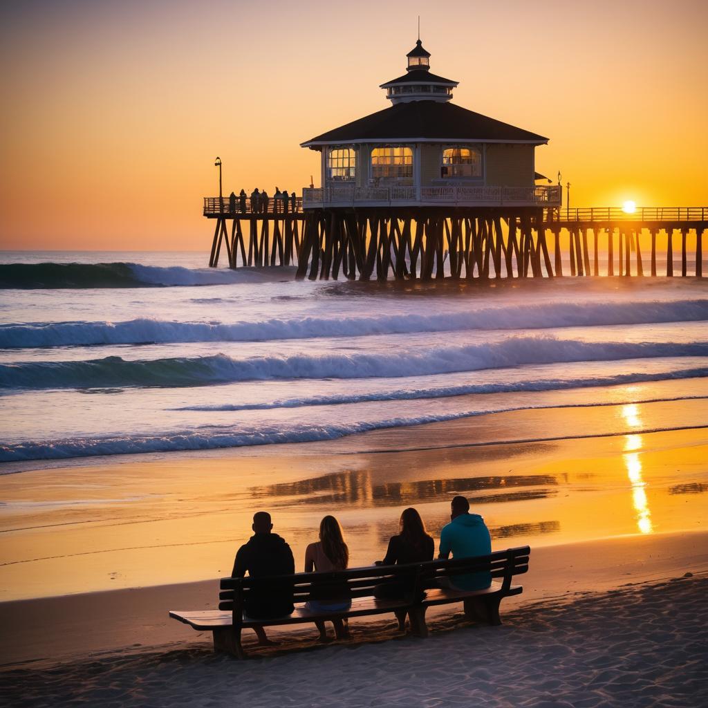 A cinematic freeze-frame at Huntington Beach portrays a bustling pier scene with palm trees, sunset, surfers, and locals immersed in leisure activities while capturing memories on cameras and smartphones.