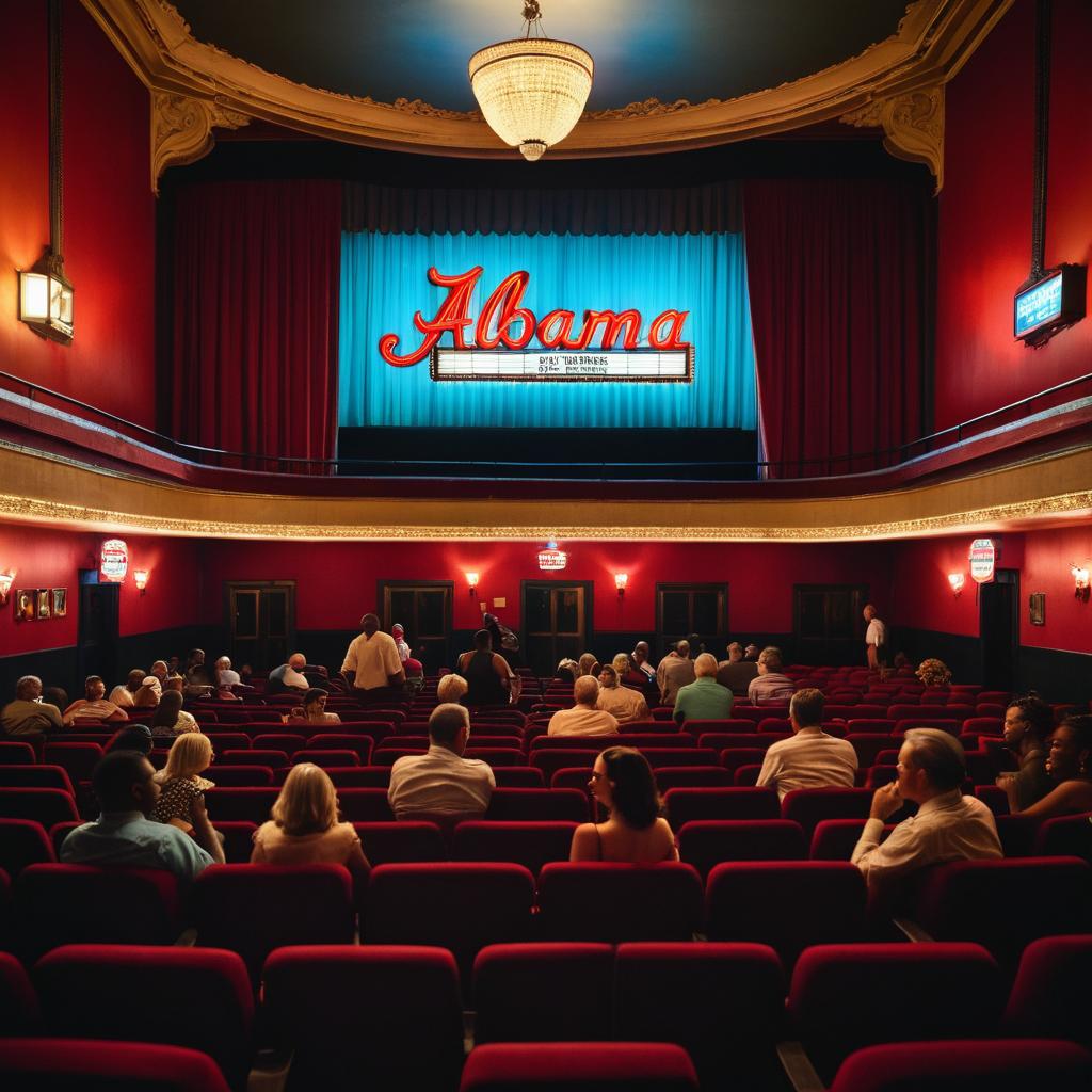 A crowded cinema auditorium in Birmingham Alabama's Alabama Theatre is illuminated by red curtains and vintage chandeliers as patrons await 