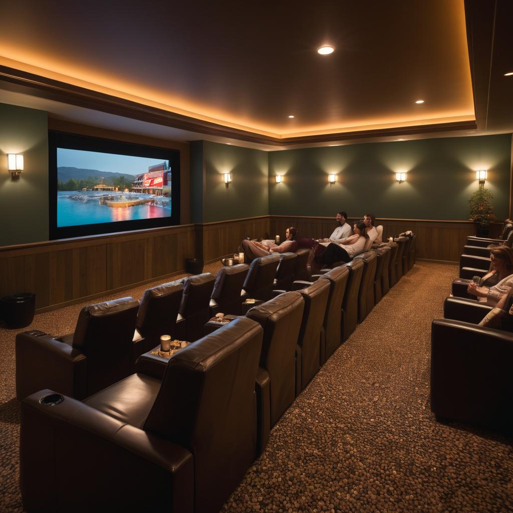 A captivated group gathers in a Concord spa theater, engrossed in an action movie while their popcorn and drinks wait nearby; post-film, they'll unwind with massages or hot springs, symbolizing the evolving cinema culture of relaxation and enjoyment.