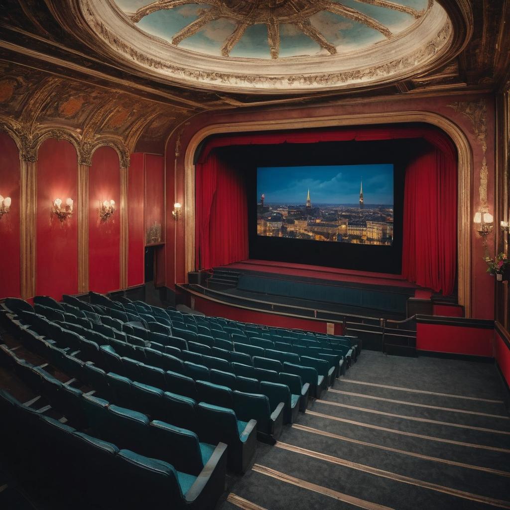 The cinema in Aachen, Germany is depicted with a modern, retro-infused exterior displaying movie titles and showtimes, while inside, attentive audience members enjoy plush seats and a large screen, surrounded by the inviting aroma of popcorn from nearby concession stands.