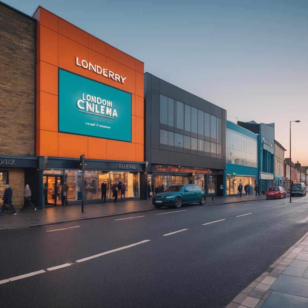 Two contemporary cinemas, Omniplex Derry Cinema at Quayside Shopping Centre and an adjacent one, are seen with their names displayed in Londonderry, attracting crowds of eager spectators; the lively Quayside district with pedestrians adds to the allure.