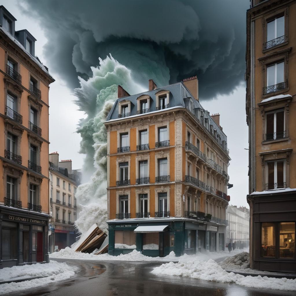 This freeze-frame image from 'The Perfect Storm' depicts the moment a collapsing building, modeled after a real one at 22 Avenue du Professeur André Lemierre in Montreuil, is frozen, highlighting the commune's iconic streetscape and architecture.