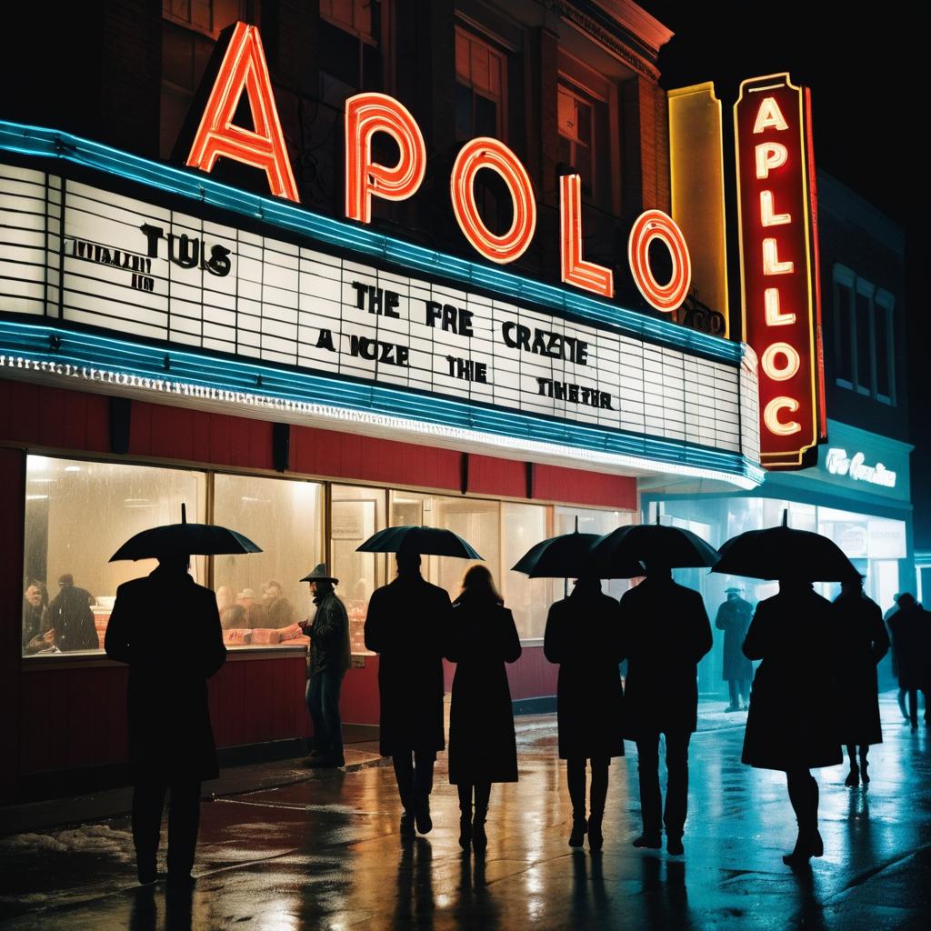 A bustling Apollo Cinema in rainy Kitchener's downtown is seen through a freeze-frame image, with an ominous horror movie title on the marquee and crowds eagerly buying tickets or chatting under umbrellas.