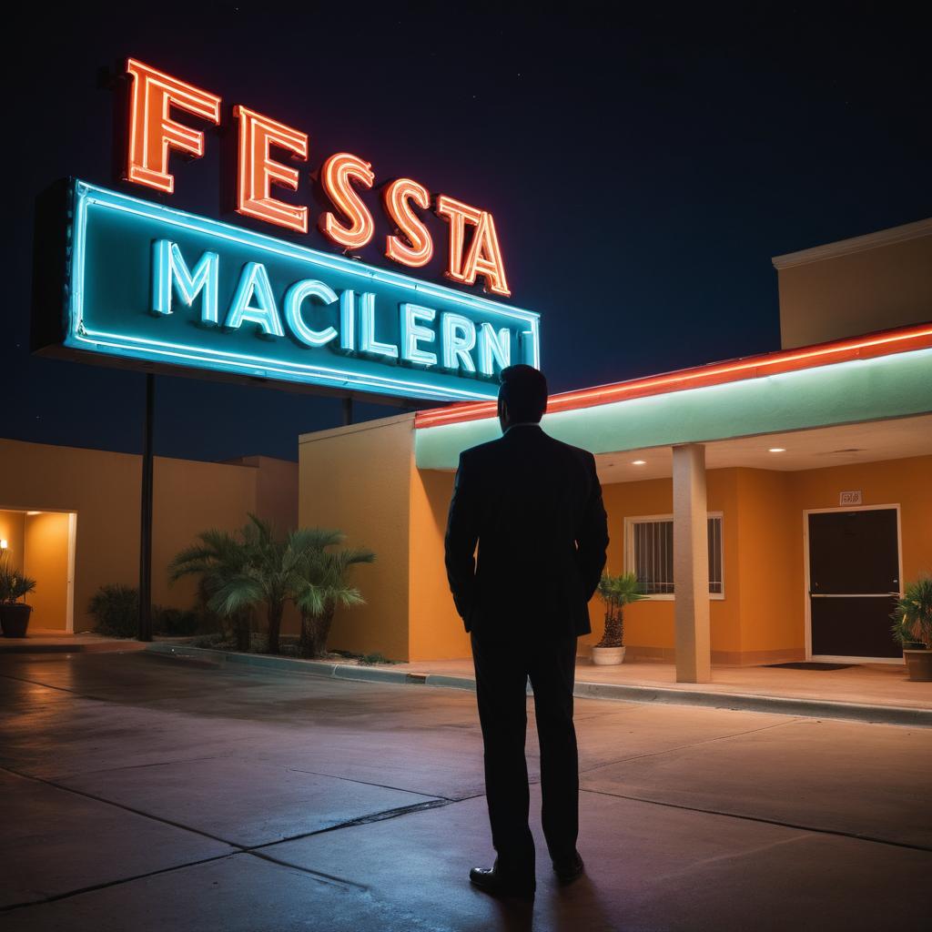 A freeze-frame photo at Fiesta Inn, McAllen, Texas, portrays an actor before a glowing neon sign, amidst city lights, symbolizing the region's bustling film scene and cinematic culture.