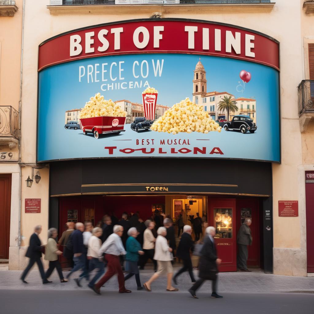 A freeze-frame moment at Bow Tiie Cinema in Toulon, France, captures patrons of diverse backgrounds exiting with animated expressions and popcorn bags, while the sign reads 