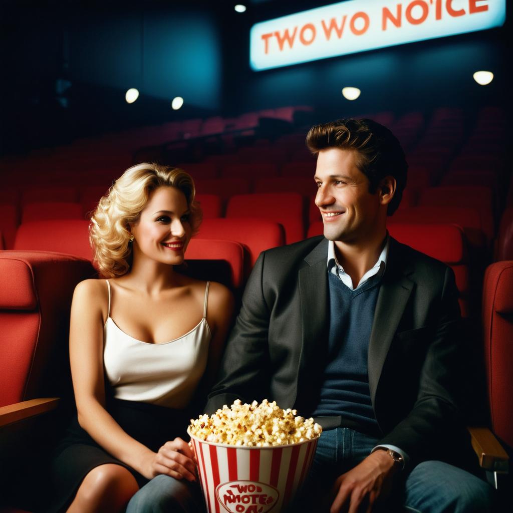 A cozy first date scene at Munster's Cinema Filmtheater GmbH features a couple engrossed in the movie 'Two Weeks Notice', enjoying shared popcorn and soda under the marquee advertising other films.