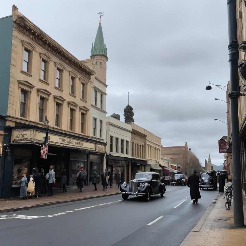 In this vibrant freeze-frame photograph, Canberra Queanbeyan's cinema district comes alive with activity: filming takes place at a corner, an old building stands tall, Parliament House looms in the distance, a special screening event is announced, and excited moviegoers dressed in period costumes throng the streets.