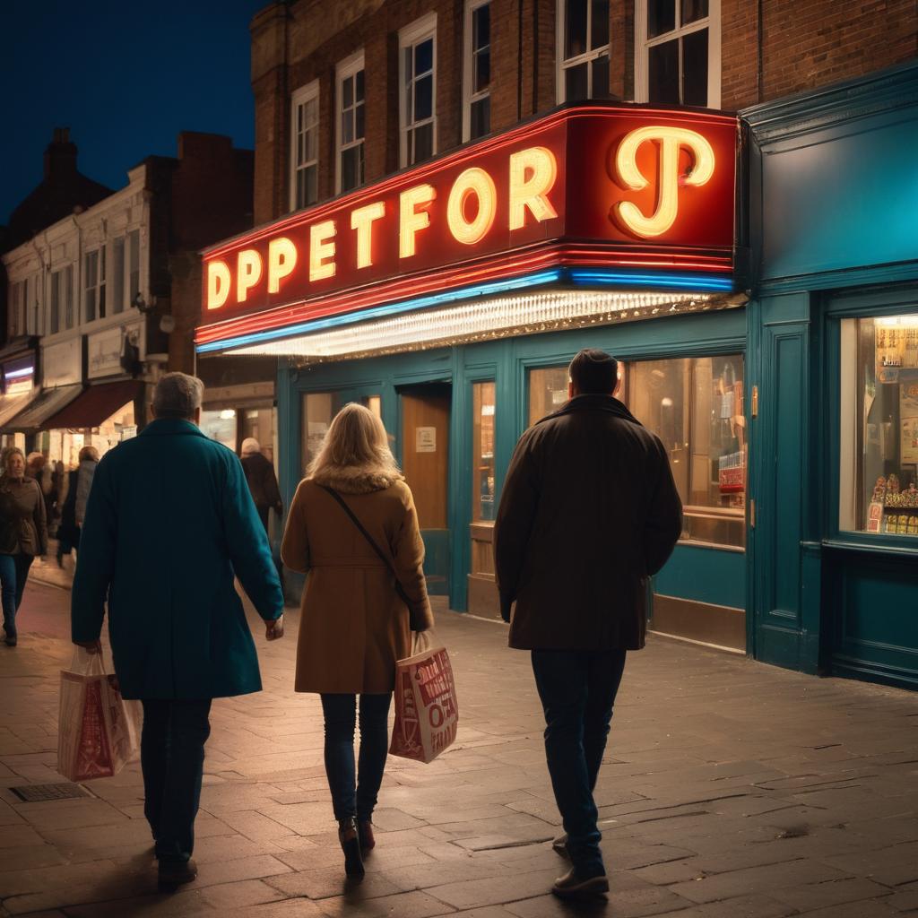 Two friends exit Dptford Broadway's cinema in Colchester, holding bags and enjoying popcorn, as the neon 
