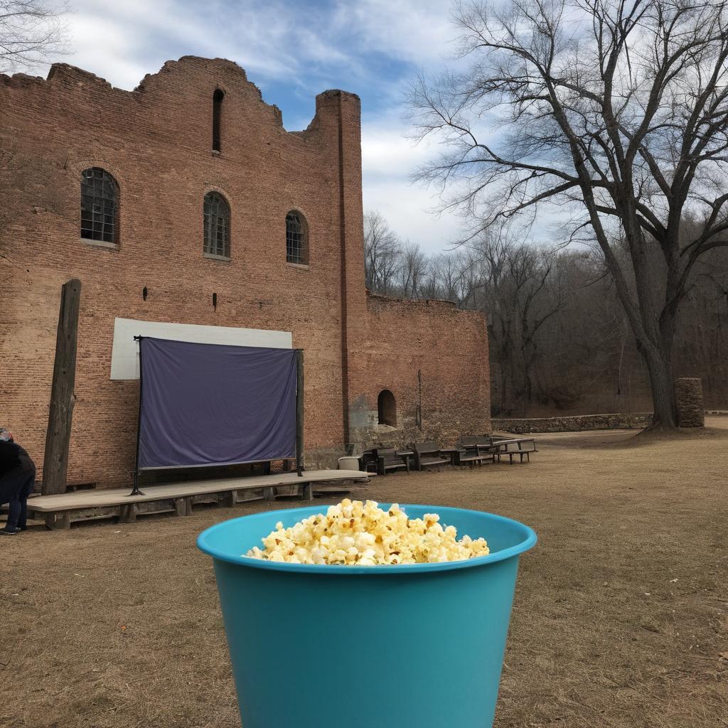 At Celebrațion! Cinema Grand Rapids Woodland in Fredericksburg, patrons immerse in premier film viewing with Pro Logic sound and nostalgically gaze at the historic mill ruins while indulging in popcorn, reflecting the town's cinematic past and economic history.