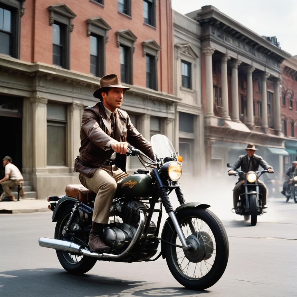 A high-energy freeze-frame image of Indiana Jones (Harrison Ford) on his motorbike racing through Waterbury's downtown streets, chased by adversaries; iconic landmarks like City Hall and Palace Theater are prominent in the backdrop as filming locations for 
