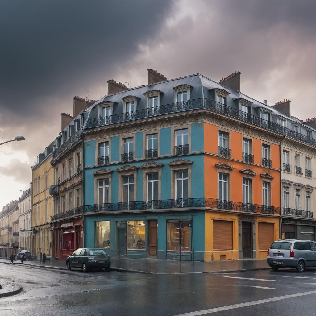 This freeze-frame image from 'The Perfect Storm' depicts the moment a collapsing building, modeled after a real one at 22 Avenue du Professeur André Lemierre in Montreuil, is frozen, highlighting the commune's iconic streetscape and architecture.