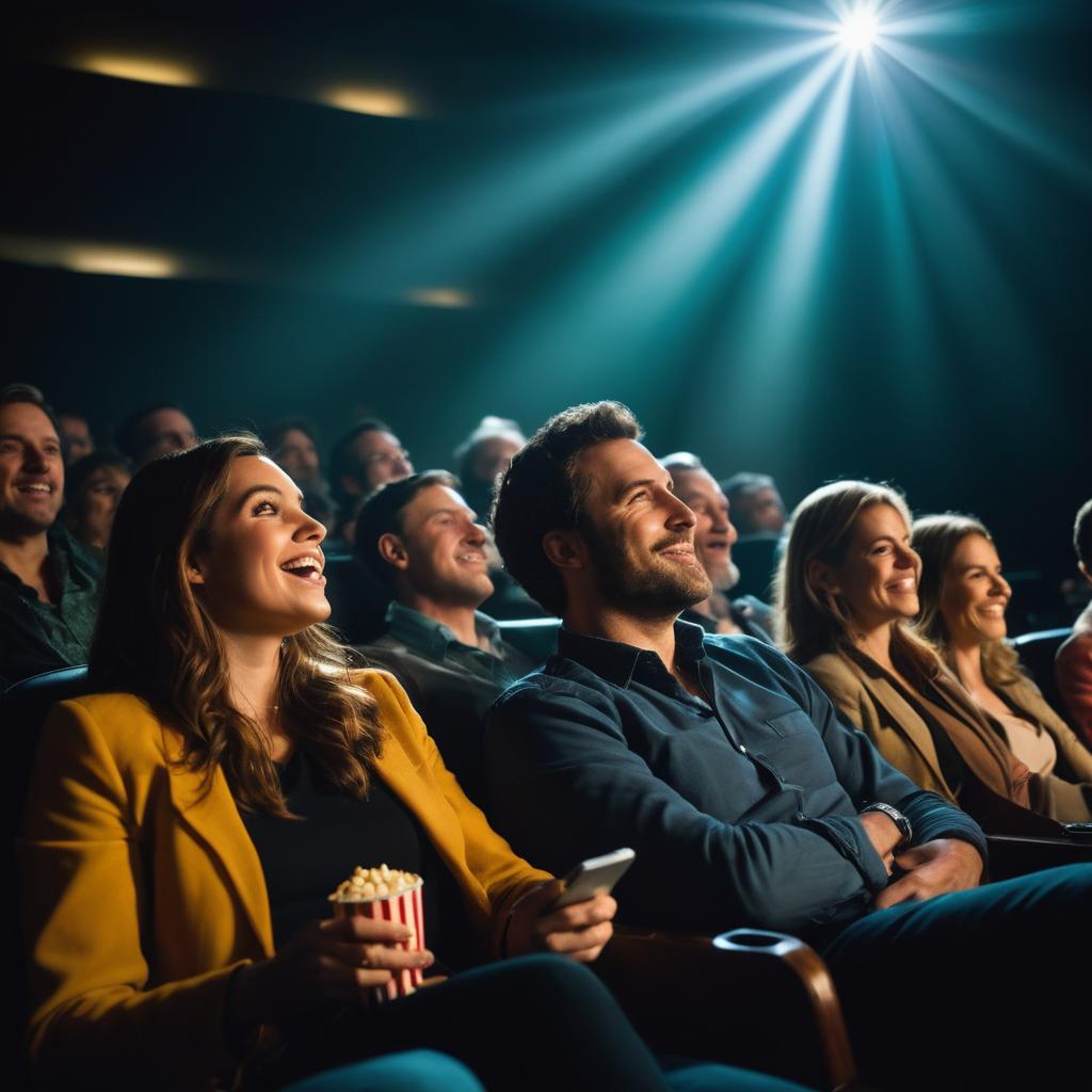 A freeze-frame image of Bath UK's contemporary cinema showcases an electrified auditorium brimming with eager patrons, their faces illuminated by phone light as they chat, while a Dolby 3D Digital Cinema projector displays a high-resolution film, immersing viewers in the captivating cinematic experience.