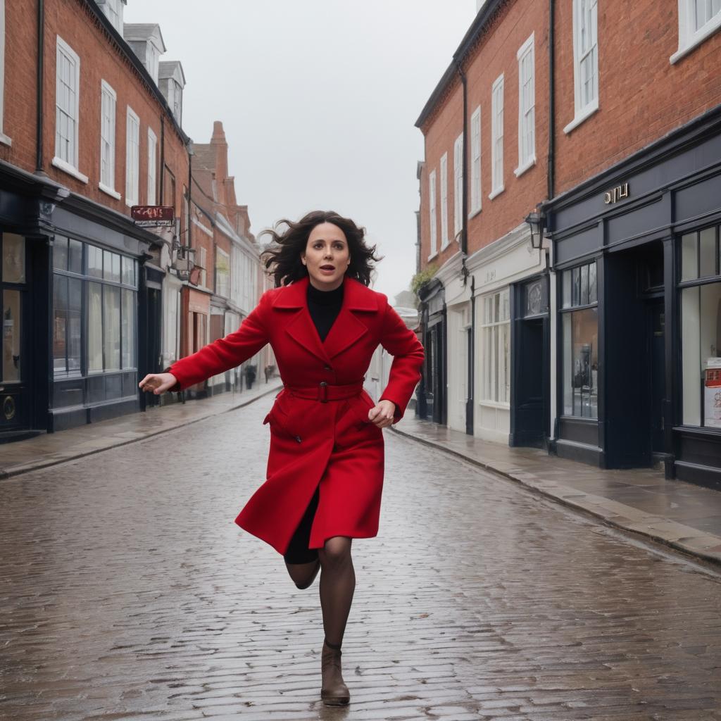 A photographer's freeze-frame captures Laura Fraser (as Amara Stevenson) fleeing in fear down an Ipswich street lined with quaint shops and buildings, with Premier Inn's red-and-white sign visible in the background, highlighting the town's significance as a filming location.