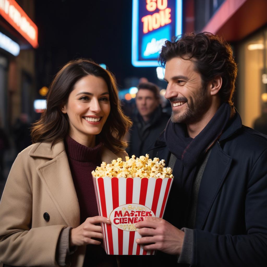 In this captivating freeze frame image, a blissful couple exit Cinémas de l'Étoile in Saint Denis, their faces radiating joy as they clutch popcorn bags, while the cinema's 