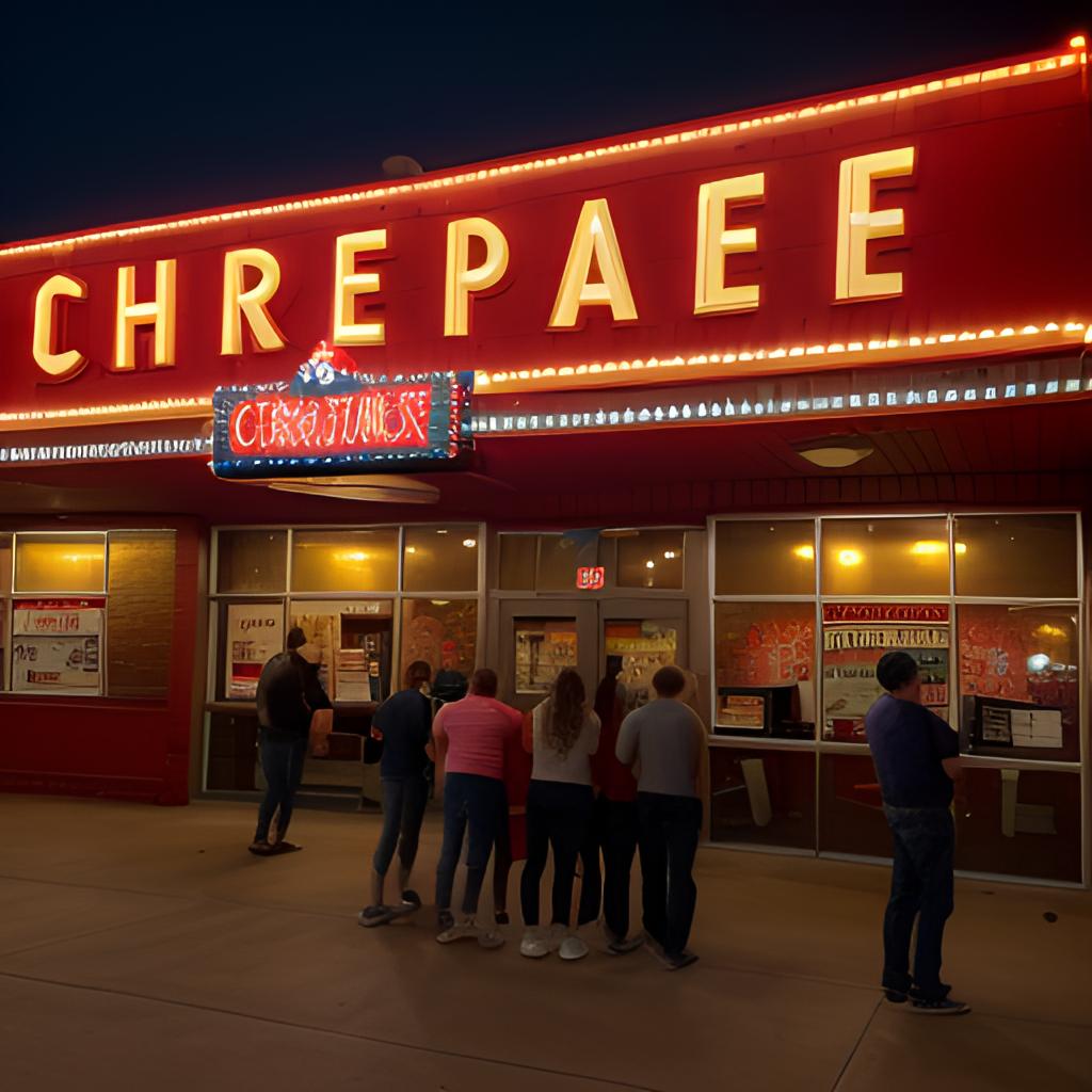 Friends laugh heartily over National Lampoon's Christmas Vacation at Burleson Premier Cinema 14 in Waco, their faces filled with joy as they savor popcorn and drinks amidst the bustling, neon-lit theater.